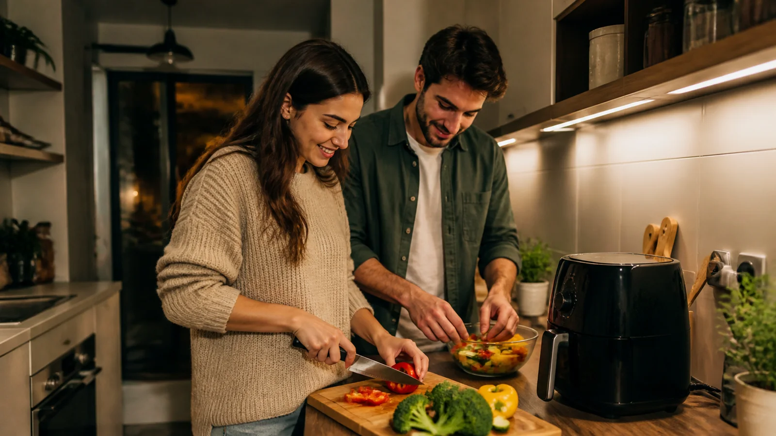 Couple preparing vegetables beside a compact air fryer