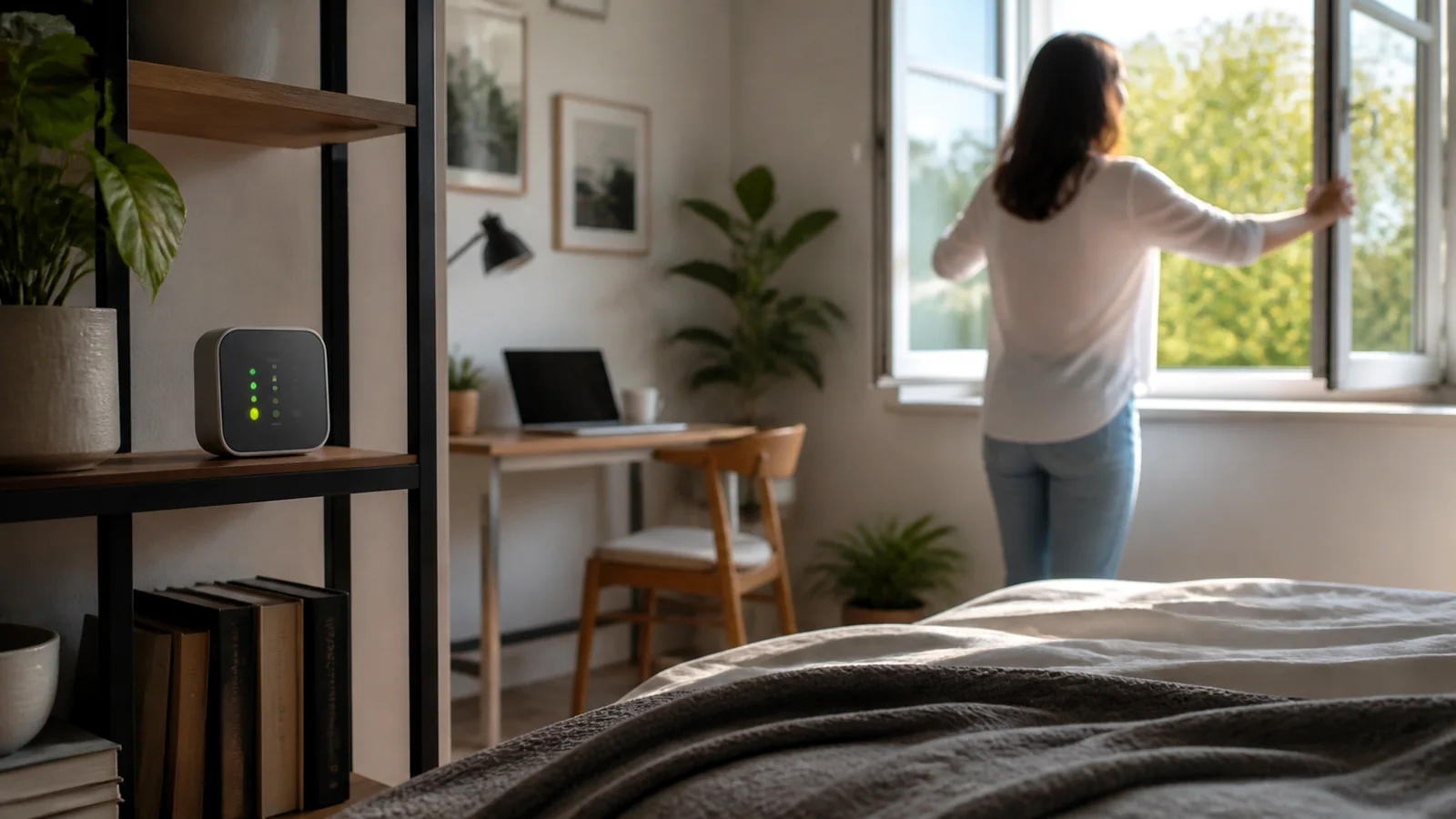 Small air-quality monitor on a bedroom shelf