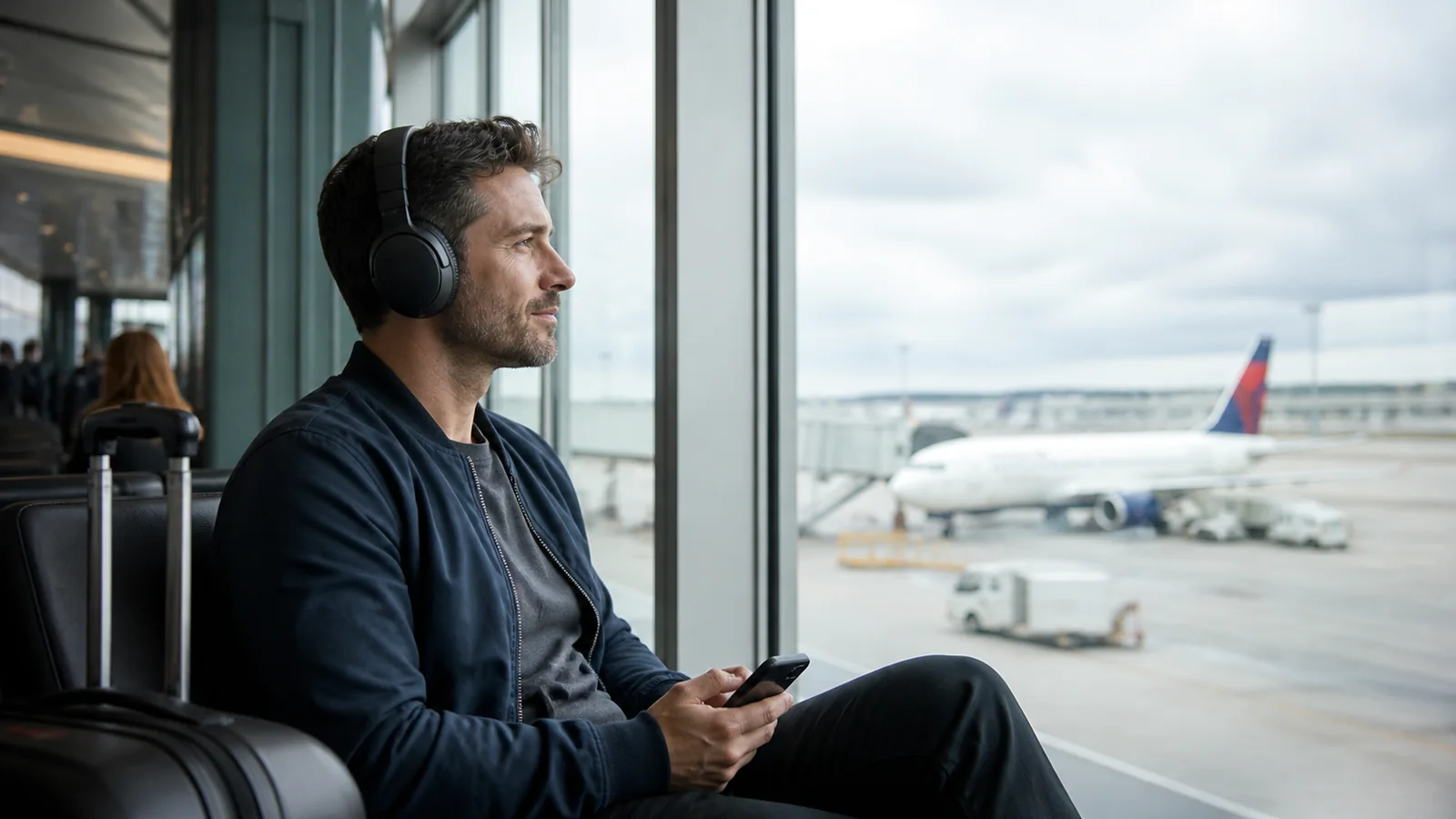 Traveler wearing headphones beside an airport window