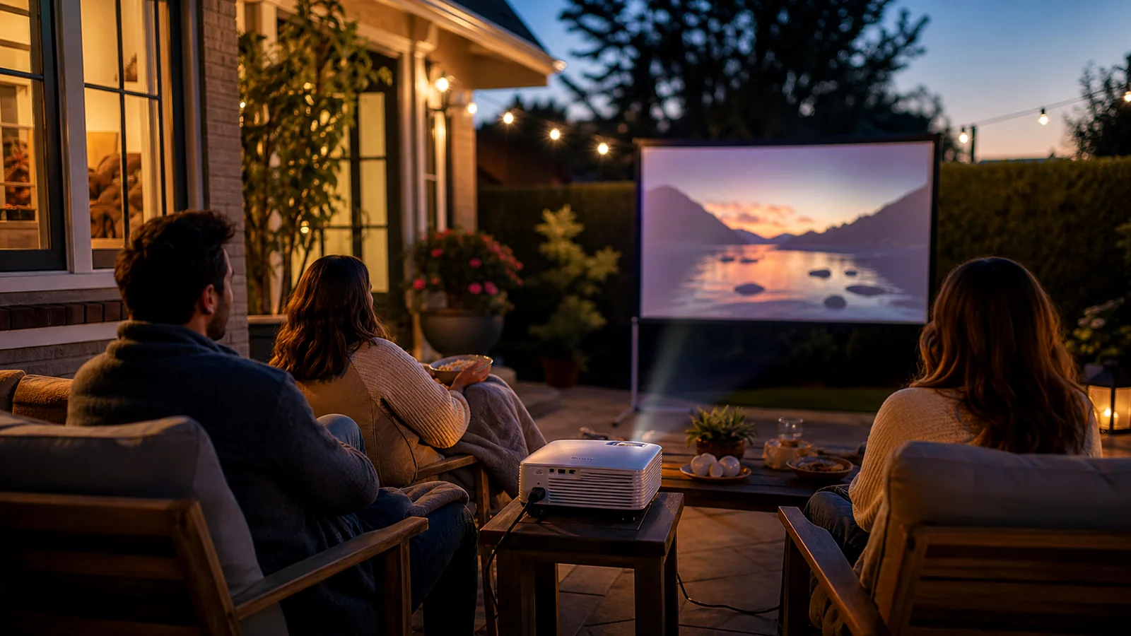 Friends watching a projected movie in a softly lit outdoor space