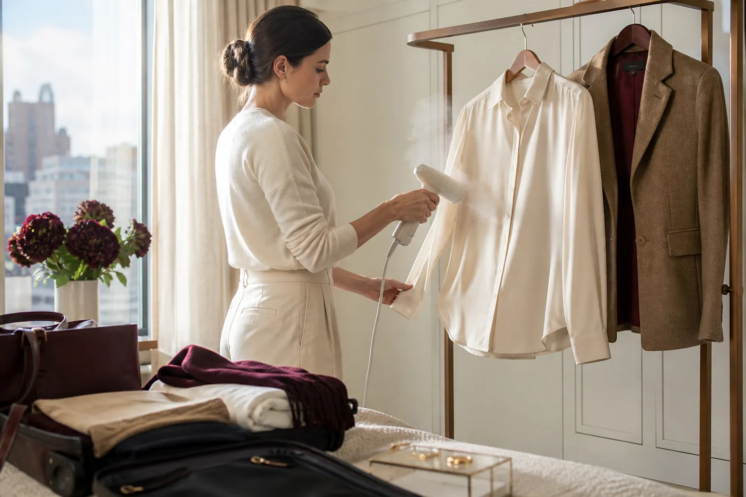 Woman steaming a silk blouse beside a wool blazer