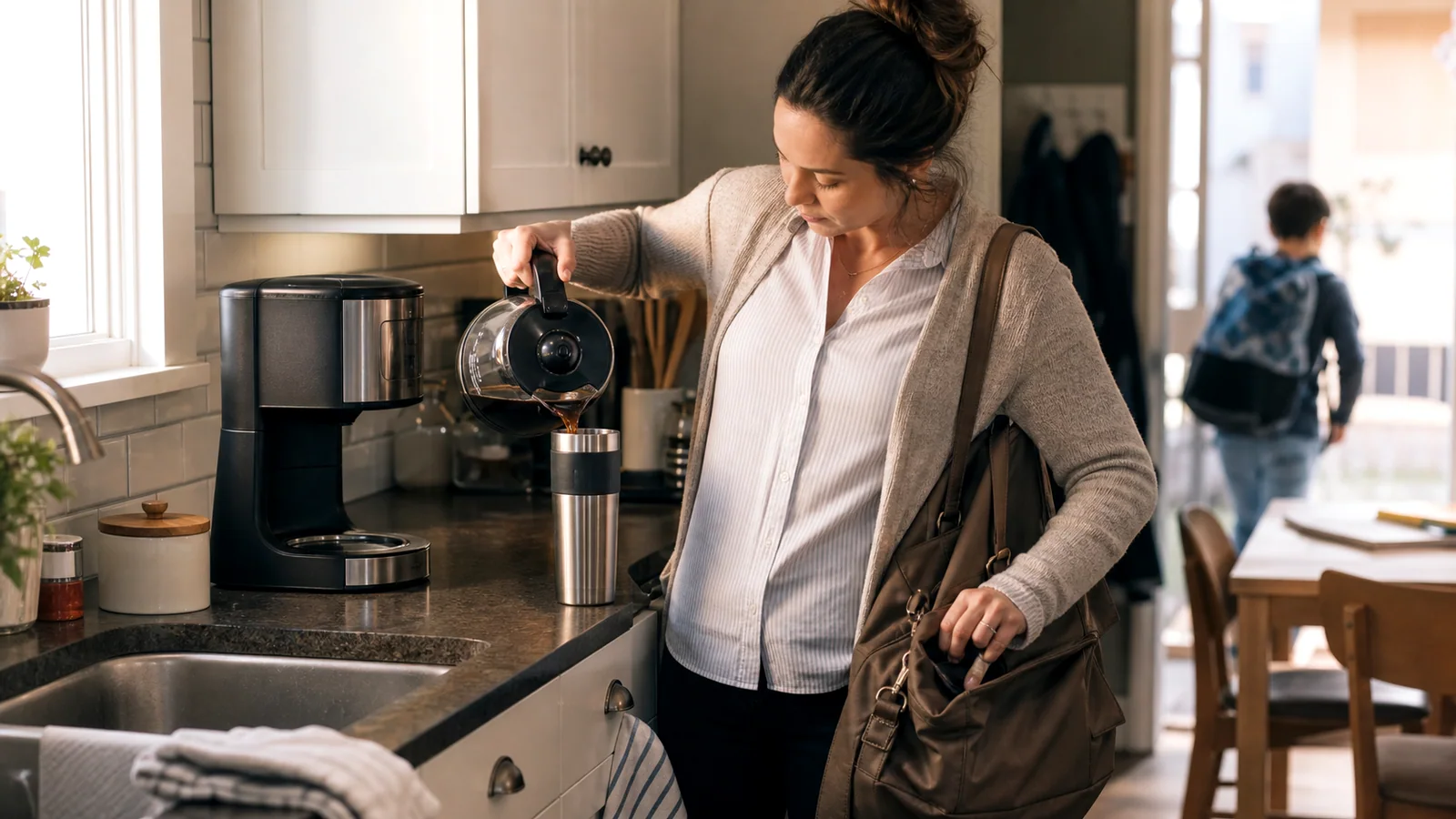 Woman preparing coffee at a calm kitchen counter