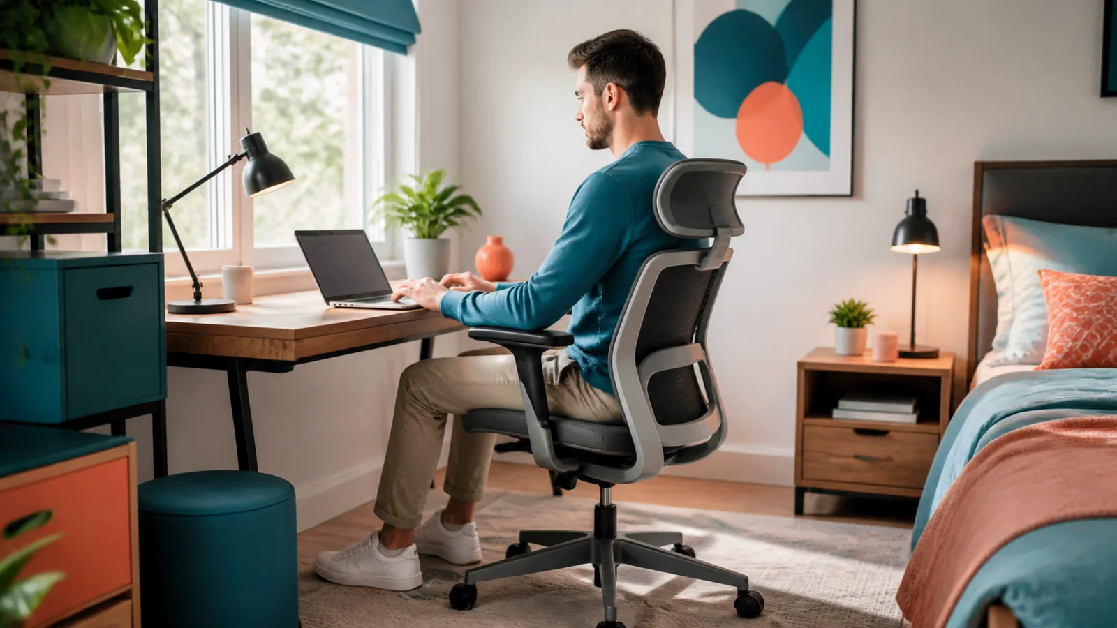 Person working in an ergonomic chair in a bedroom office