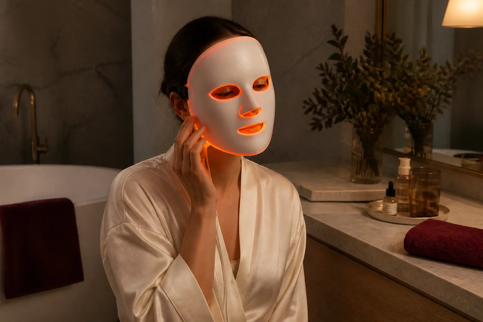 Woman using an LED face mask during an evening routine