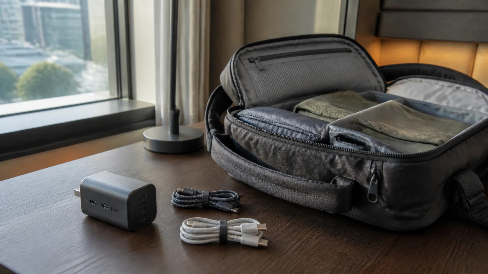 Compact lunch bag attached to a commuter backpack at a station