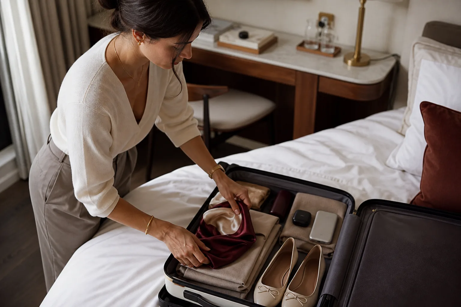 Woman packing tailoring and tech into a carry-on suitcase