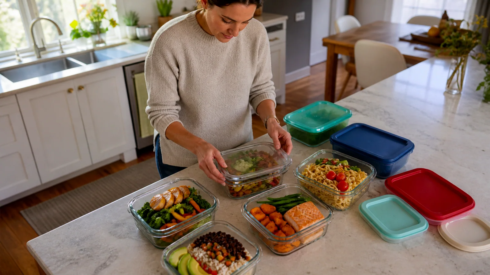 Woman preparing colorful lunches in reusable containers