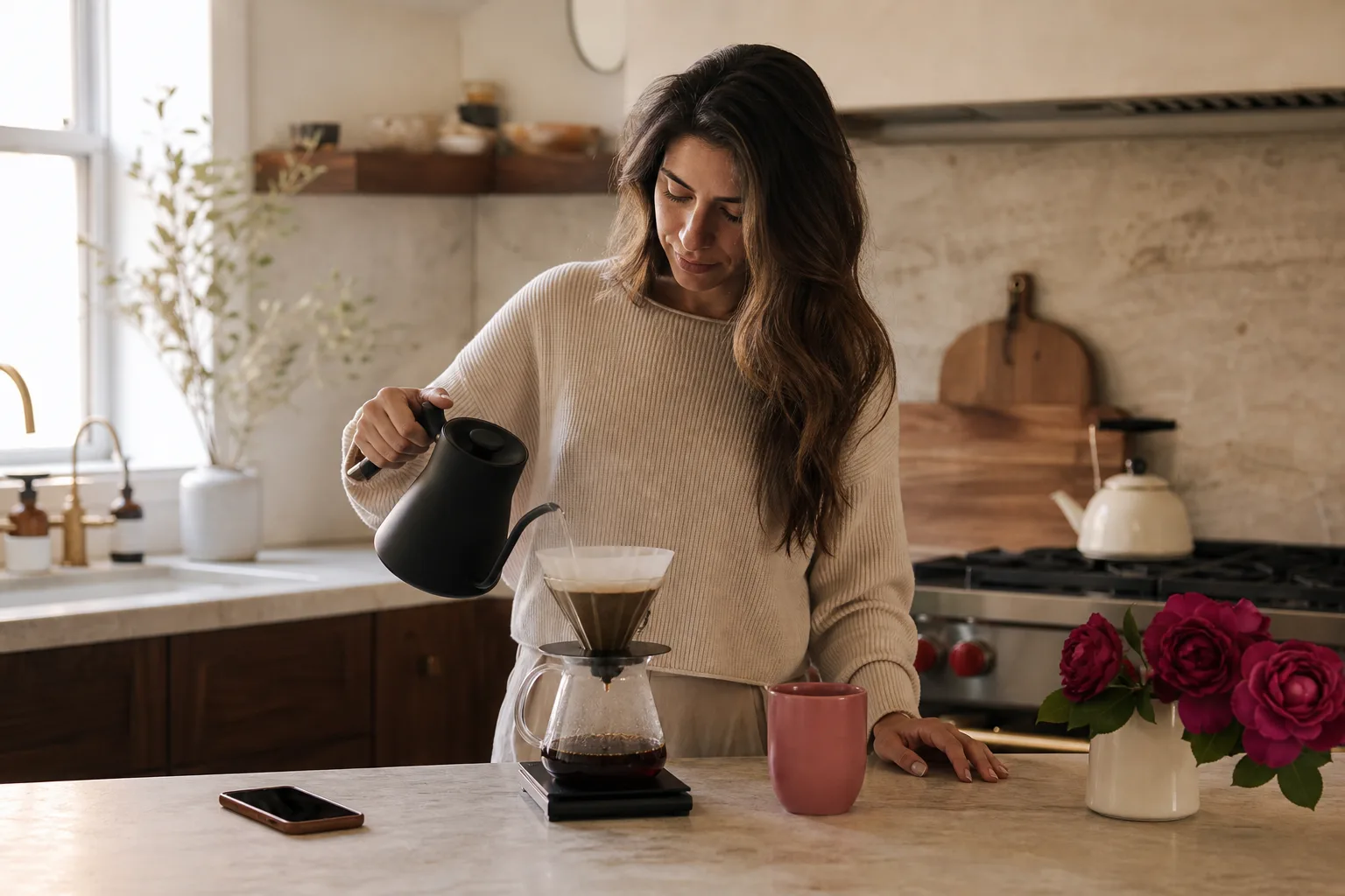 Woman preparing pour-over coffee during a calm morning