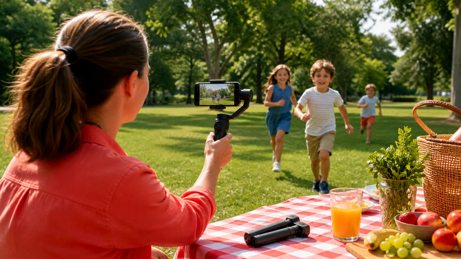 Traveler recording a group outdoors with a smartphone stabilizer