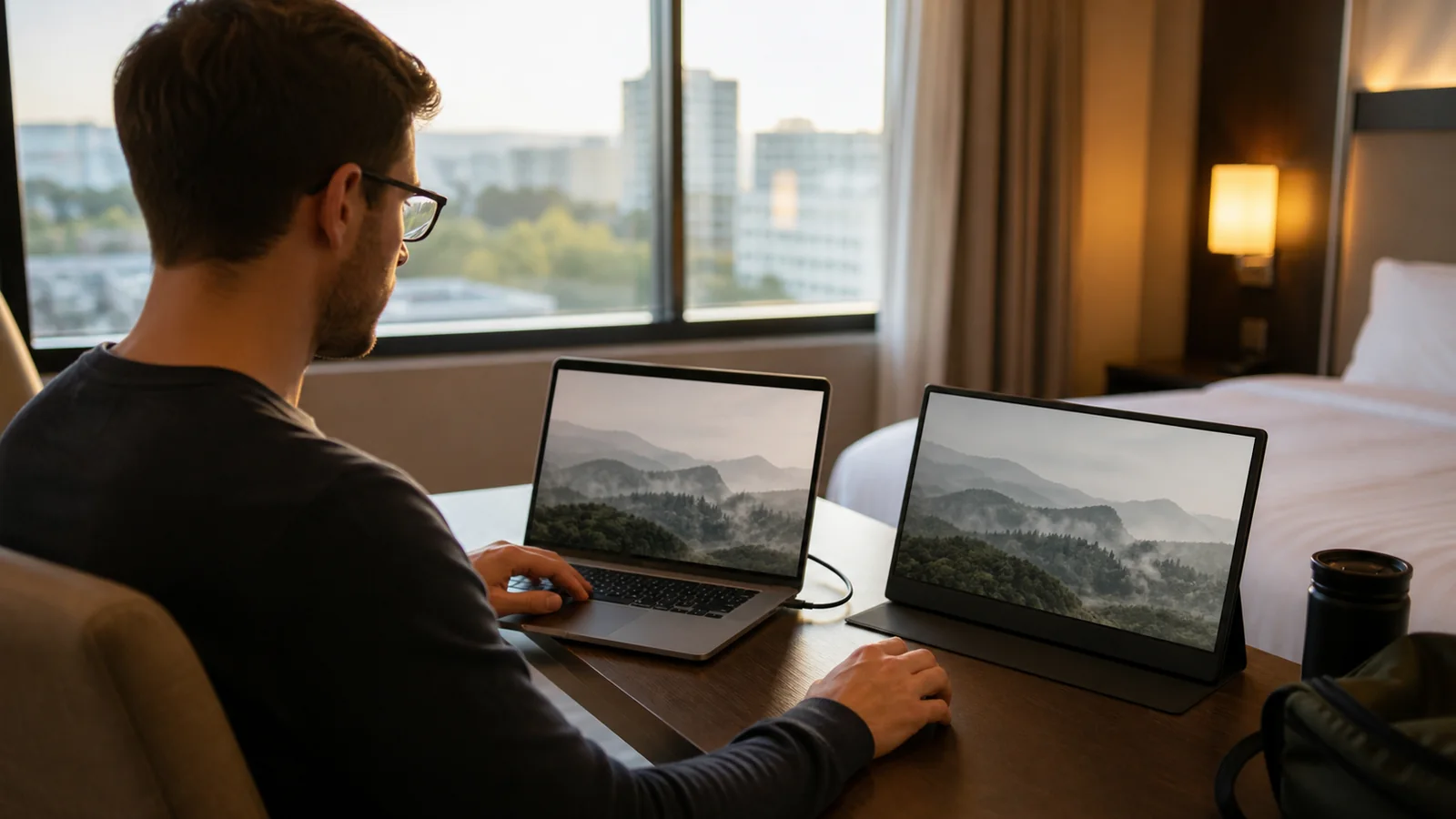 Portable monitor and laptop on a compact hotel desk