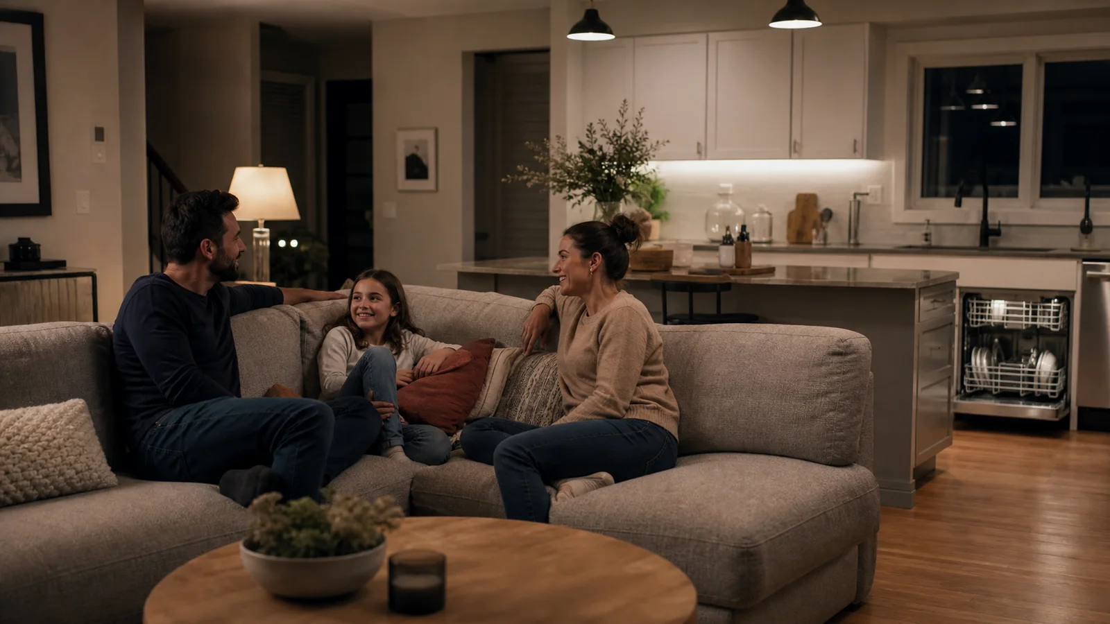 Family talking in an open-plan kitchen while a dishwasher runs