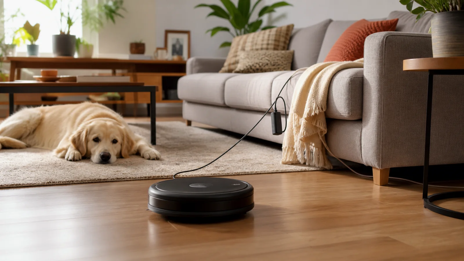 Robot vacuum in a calm living room with a dog