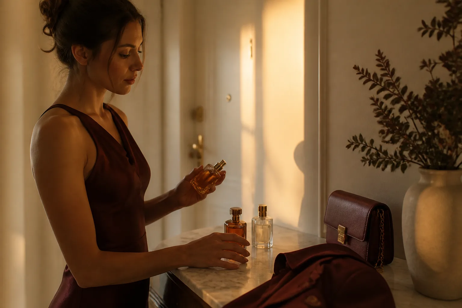 Woman choosing among perfume bottles before dinner