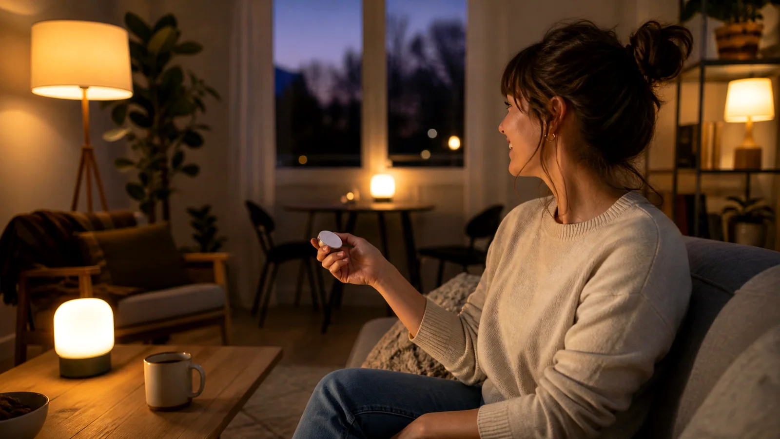 Woman adjusting soft warm lighting in an apartment at night