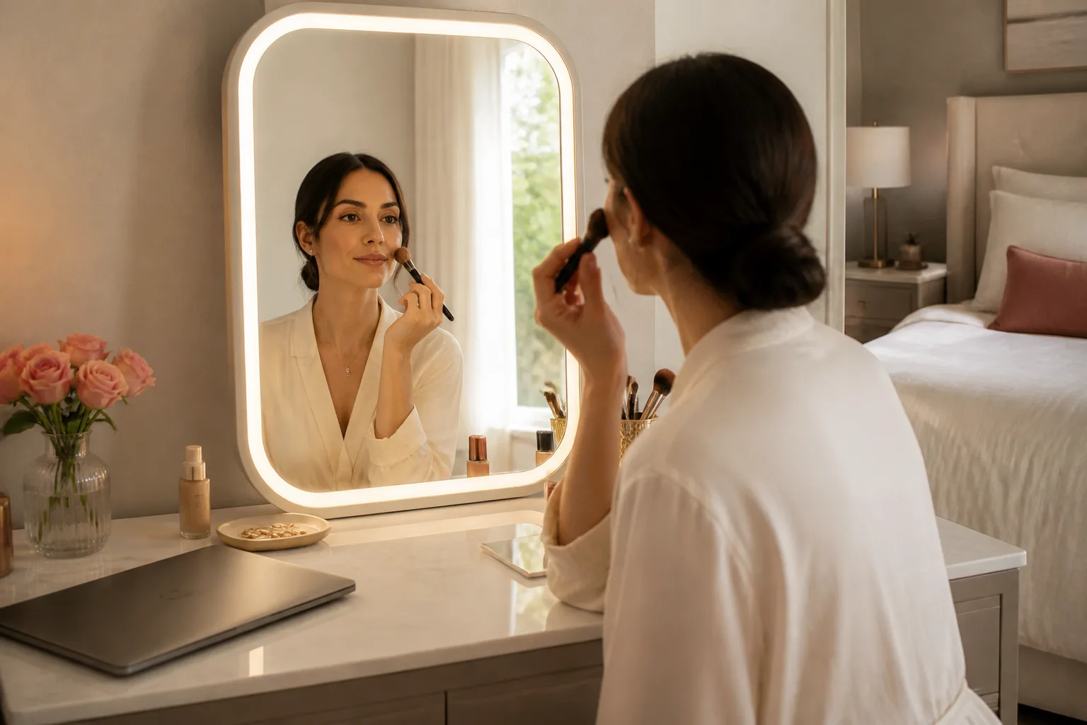 Woman applying makeup at an illuminated smart mirror
