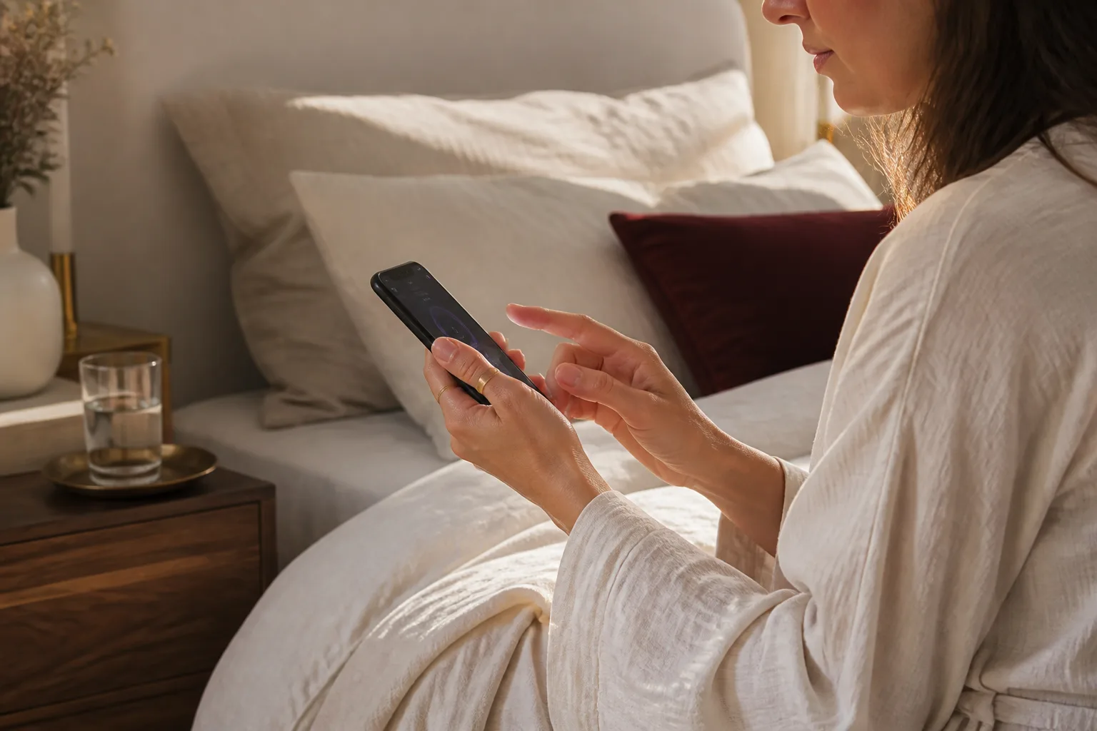 Woman reviewing sleep data while wearing a subtle smart ring