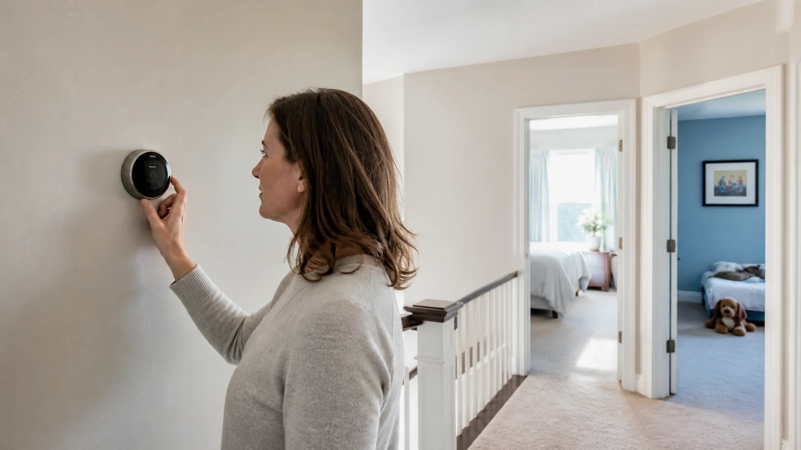 Homeowner adjusting a minimal smart thermostat
