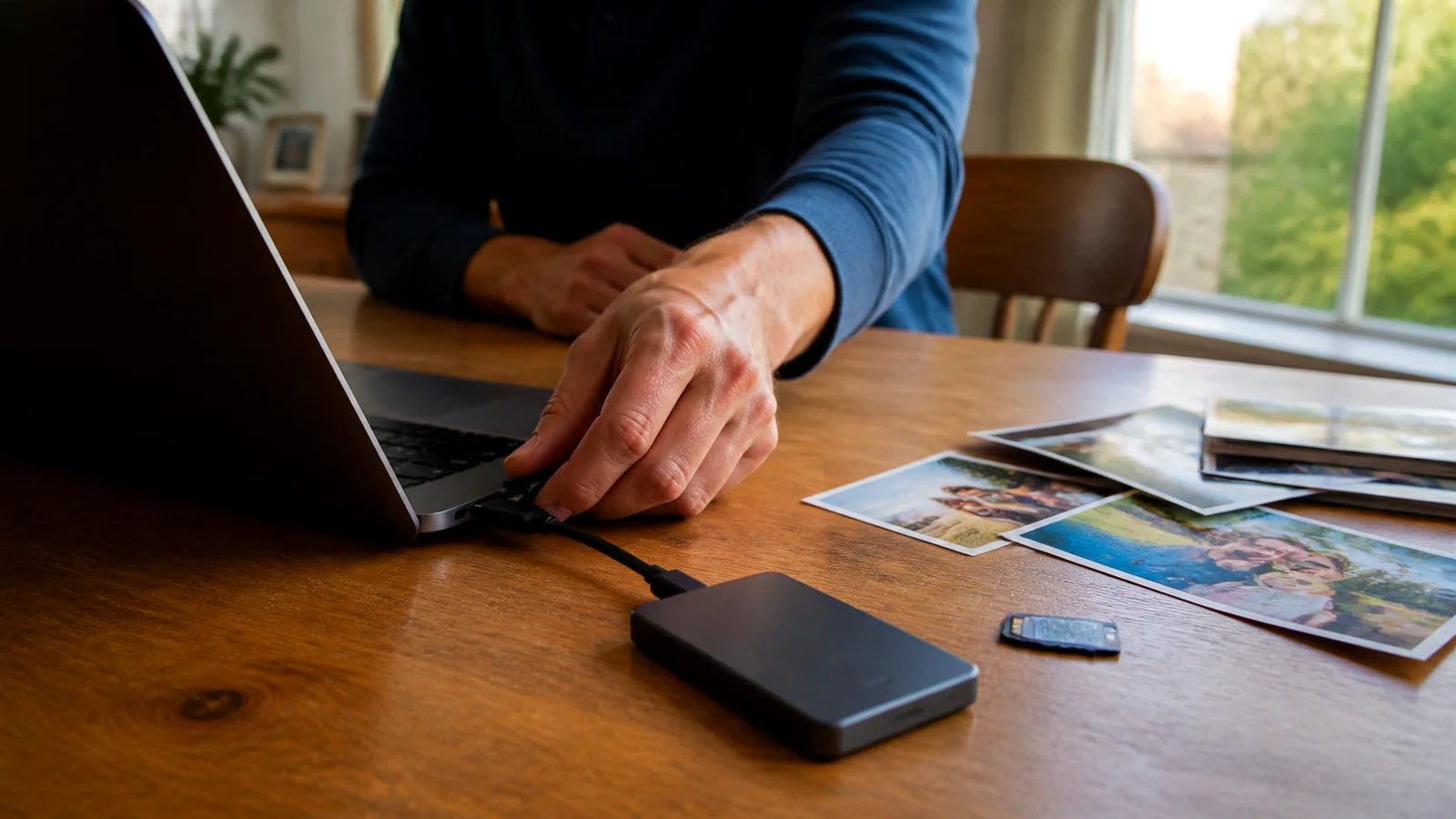 Traveler backing up photographs from a laptop to an external drive
