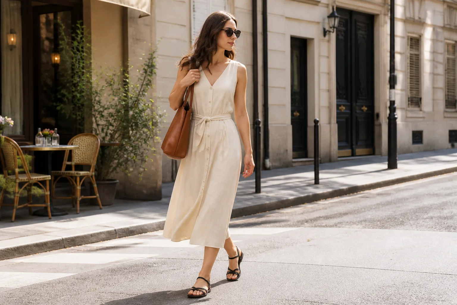 Woman in a cream linen dress walking through a city street