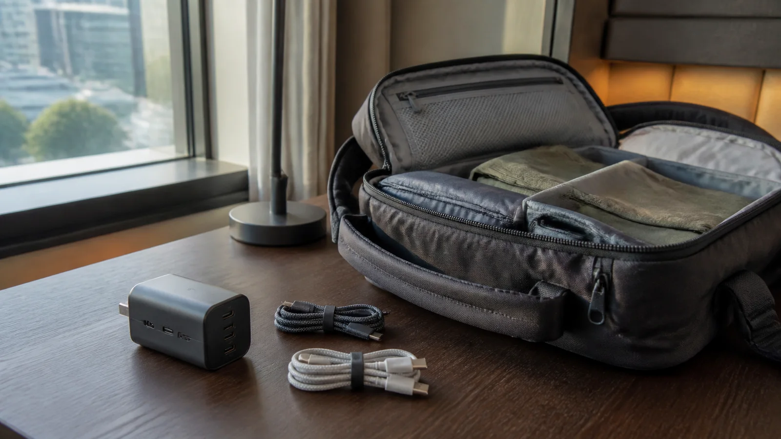 Compact charger and cables arranged in an open travel bag
