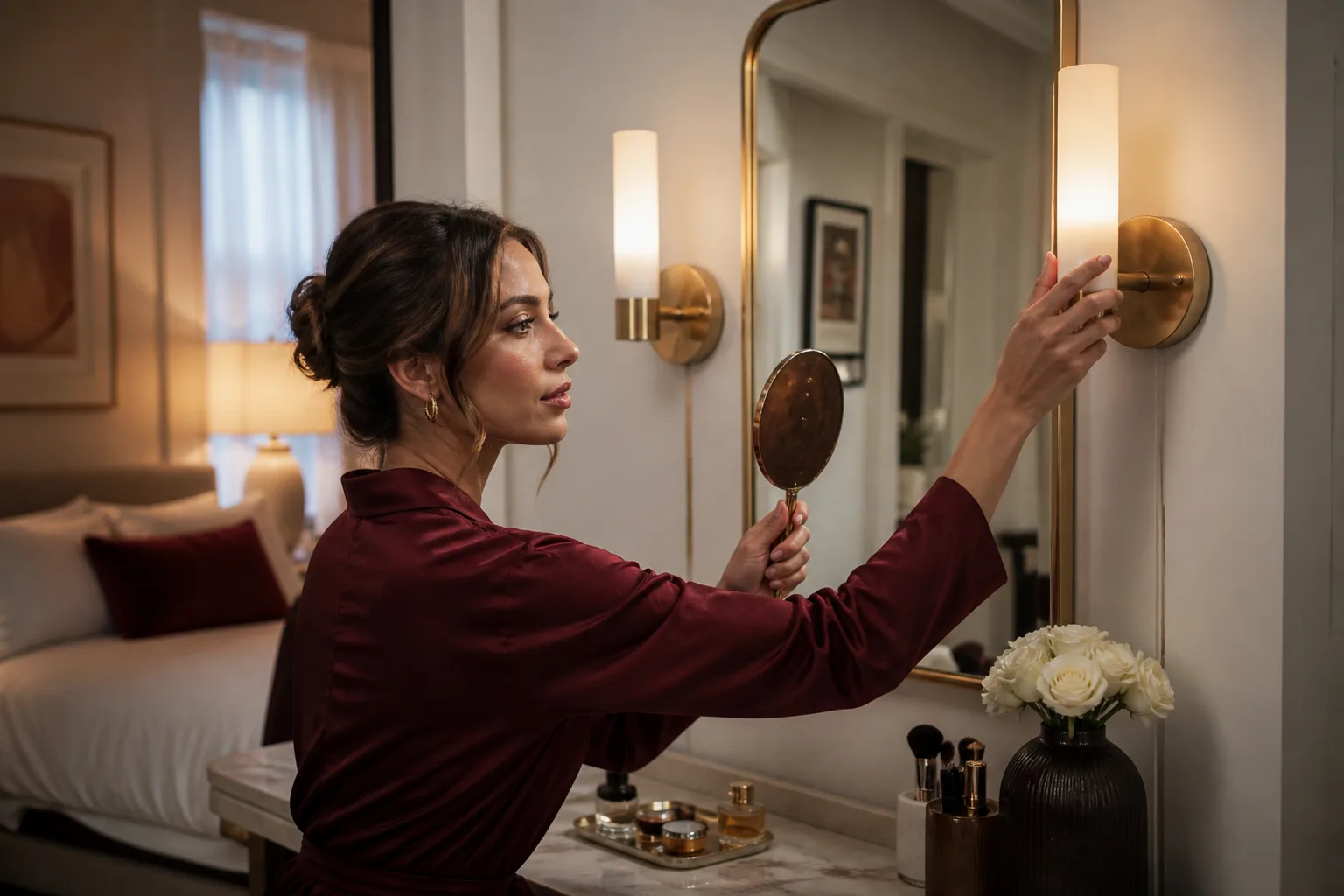 Woman adjusting renter-friendly vanity lighting beside a mirror