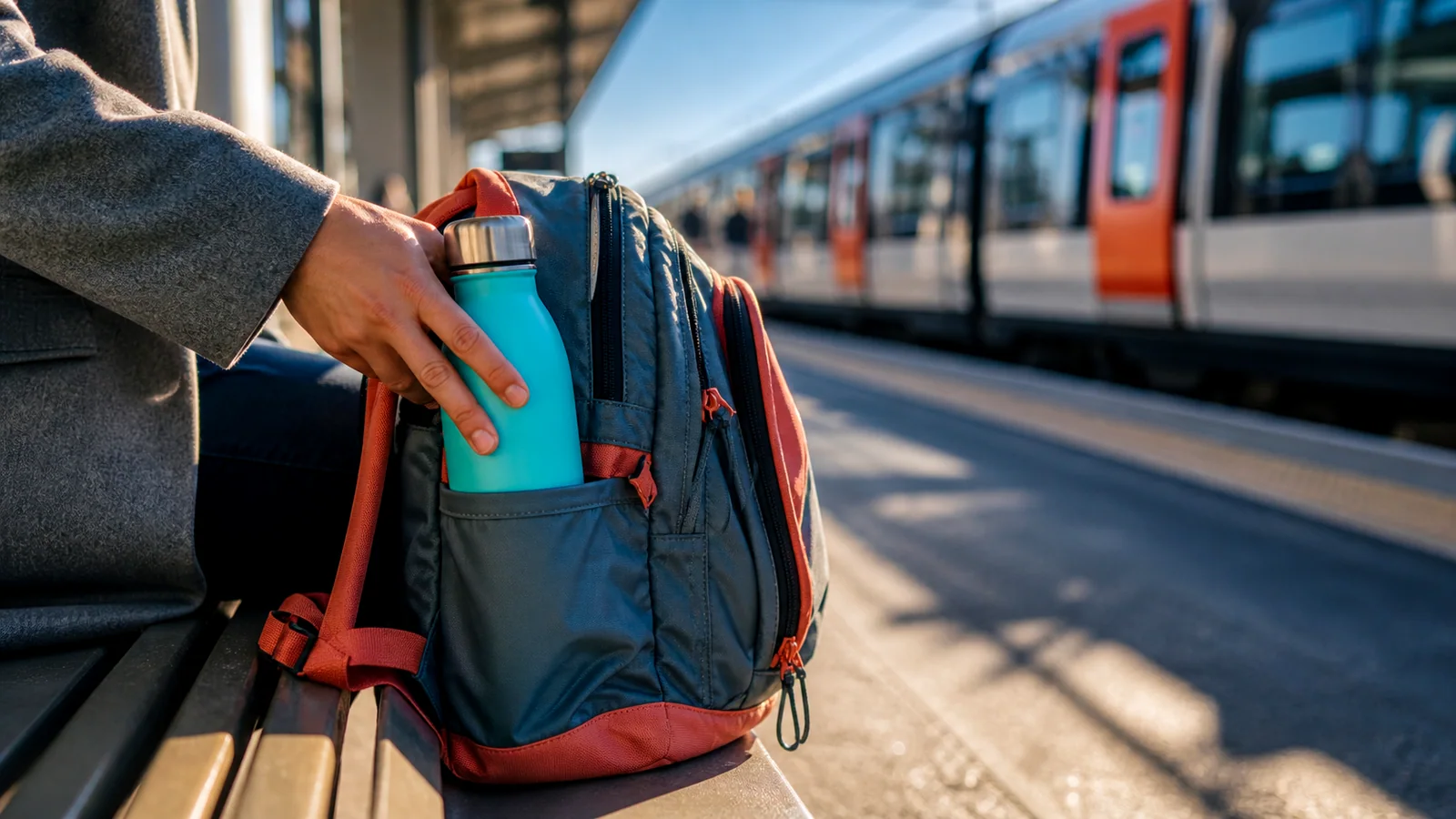 Hand placing a colorful water bottle into a commuter bag